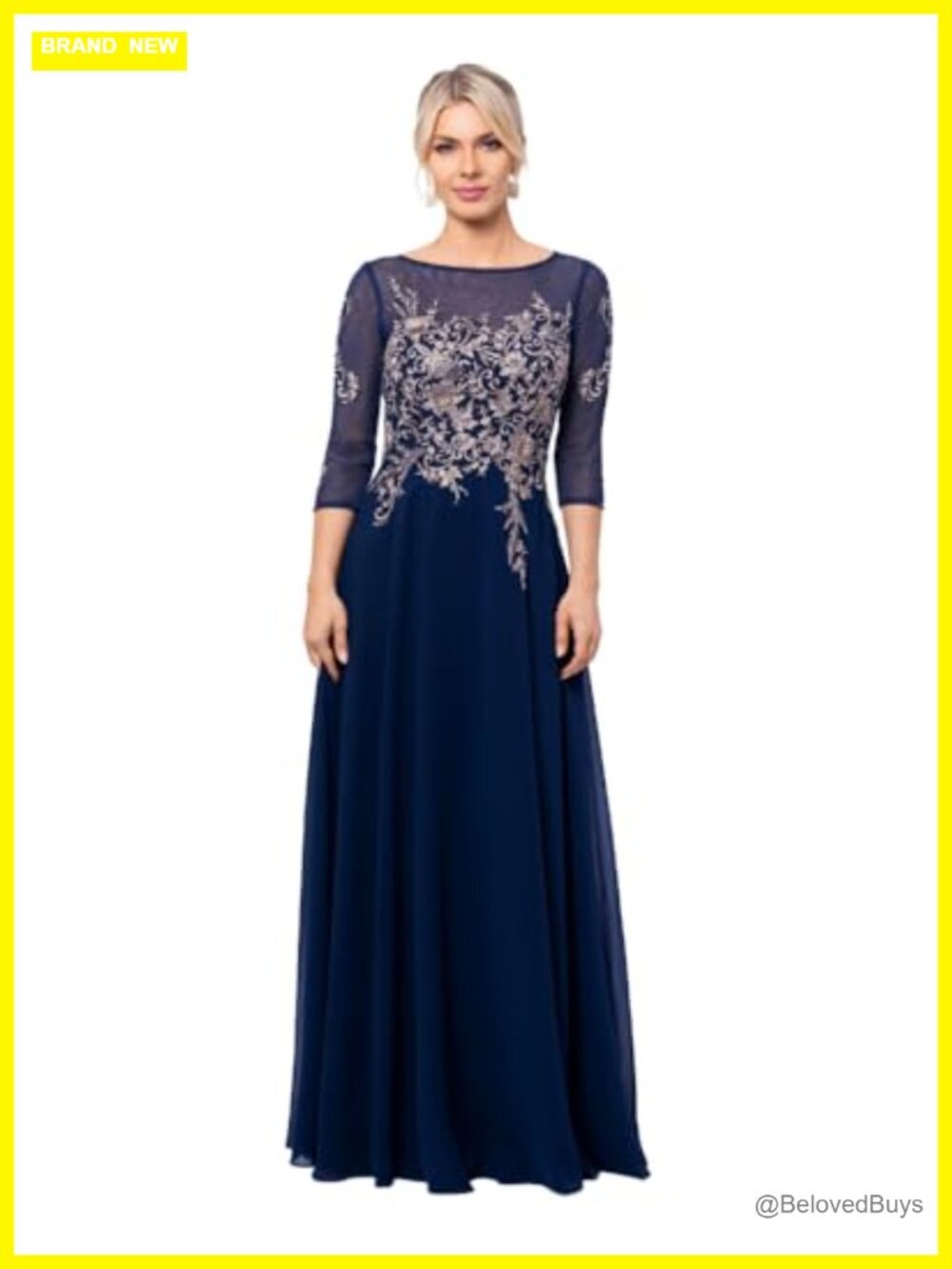 Long Chiffon A-Line Evening Gown with Illusion Boat Neck 3/4 Sleeves Metallic
